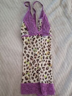 Victoria's Secret Purple Lace-Trim Leopard Chemise with Green & Pink Accents Top